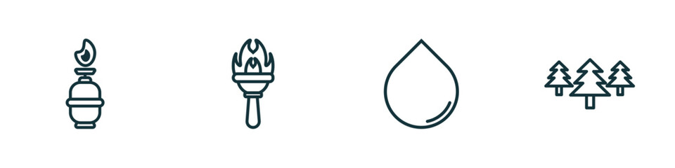 set of 4 linear icons from camping collection. concept. outline icons included camping gas, torch, water, pines vector