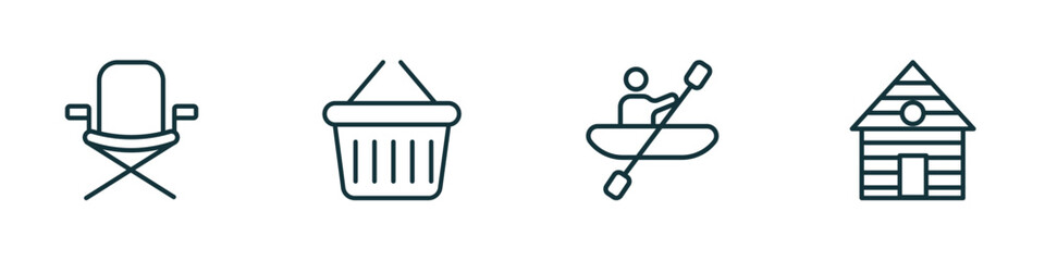 set of 4 linear icons from camping concept. outline icons included chair, basket, rafting, lodge vector