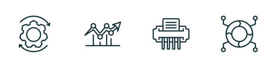 set of 4 linear icons from business and finance concept. outline icons included synchronization, dot, shredder, infographics vector