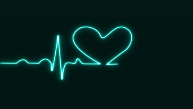 Electrocardiograph heartbeat pulse rate glowing blue love shaped neon light loop animated blue grid background. EKG,Blue Grid. Heart rate monitor.  Medical healthcare concept. 4k footage and 3D render