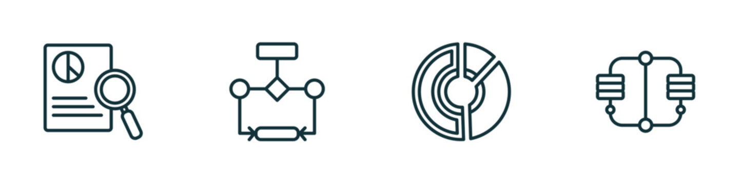 set of 4 linear icons from business and analytics concept. outline icons included investigate, flow chart, data circular chart, connected data vector