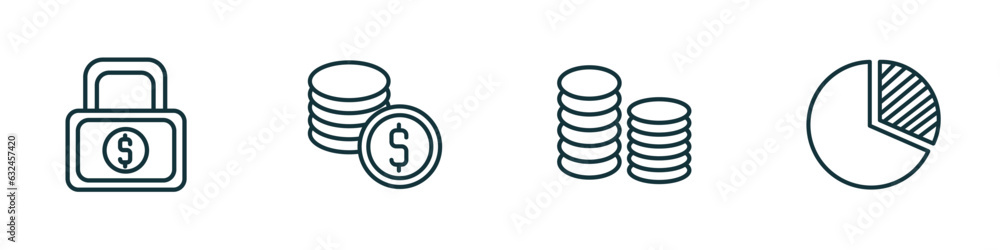 Poster set of 4 linear icons from business concept. outline icons included safe money, dollar coins stack, 