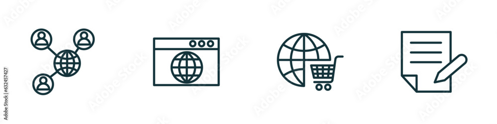 Poster set of 4 linear icons from blogger and influencer concept. outline icons included social network, br