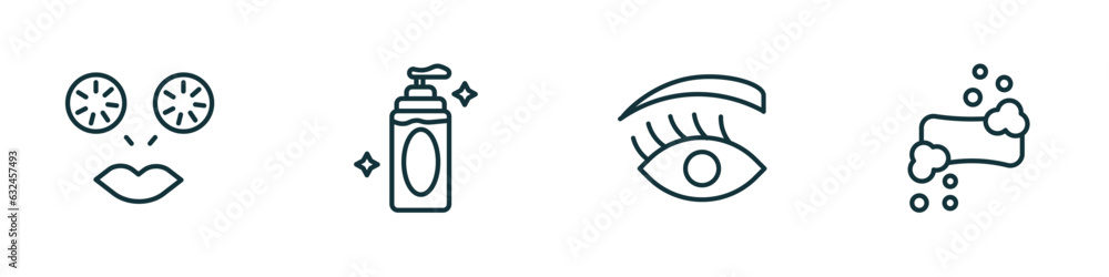 Poster set of 4 linear icons from beauty concept. outline icons included cucumber slices on face, face clea