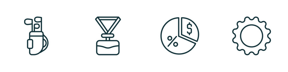 set of 4 linear icons from business concept. outline icons included golf sticks, lanyard, pie chart with dollar, tool button vector
