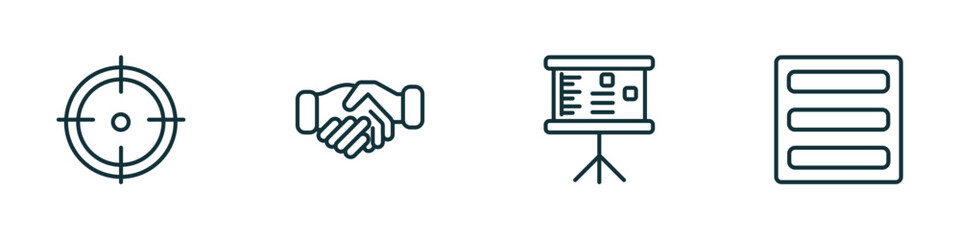 set of 4 linear icons from business concept. outline icons included target, cooperate, graphic panel, basic burger vector