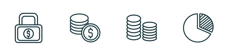 set of 4 linear icons from business concept. outline icons included safe money, dollar coins stack, stack of gold, circular pie chart vector