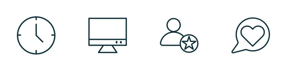 set of 4 linear icons from blogger and influencer concept. outline icons included clock, monitor, famous, like vector