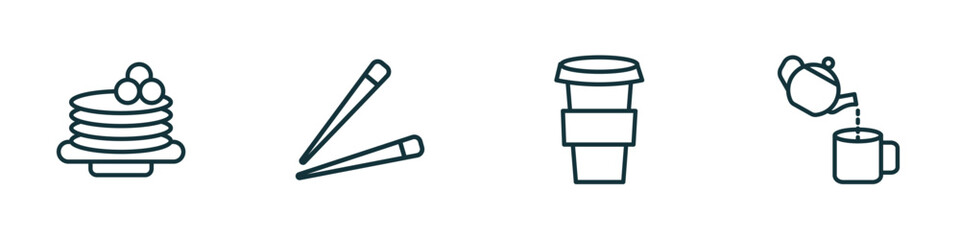 set of 4 linear icons from bistro and restaurant concept. outline icons included crepe and cream, chopsticks, cardboard cup, pouring coffe vector