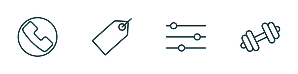 set of 4 linear icons from blogger and influencer concept. outline icons included phone, label, filter, weights vector