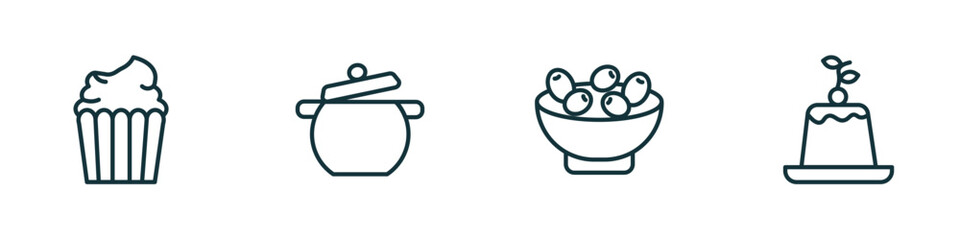 set of 4 linear icons from bistro and restaurant concept. outline icons included cupcake with cream, pot with cover, bowl of olives, creme caramel vector