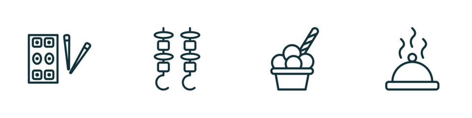 set of 4 linear icons from bistro and restaurant concept. outline icons included sushi mix, two brochettes, ice cream cup, tray and cover vector