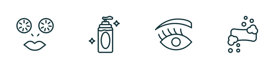 set of 4 linear icons from beauty concept. outline icons included cucumber slices on face, face cleanser, woman eye, soap bar vector