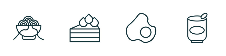 set of 4 linear icons from bistro and restaurant concept. outline icons included spaghetti bolognese, cut cake piece, restaurant fried egg, mermelade tin vector