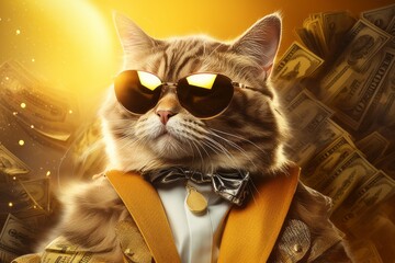 Cool rich successful hipster cat with sunglasses and cash money. Yellow background - obrazy, fototapety, plakaty