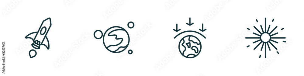 Poster set of 4 linear icons from astronomy concept. outline icons included space ship, mars with satellite