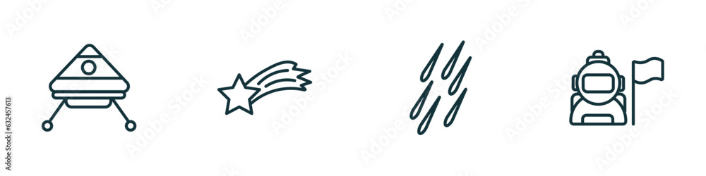 Poster set of 4 linear icons from astronomy concept. outline icons included space capsule, falling star, me