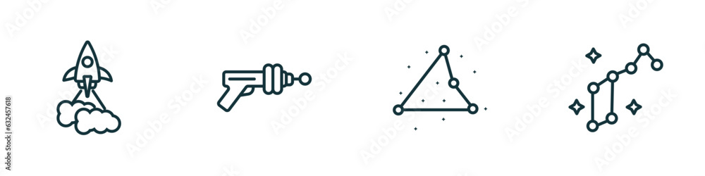 Poster set of 4 linear icons from astronomy concept. outline icons included liftoff, gun blaster, triangula