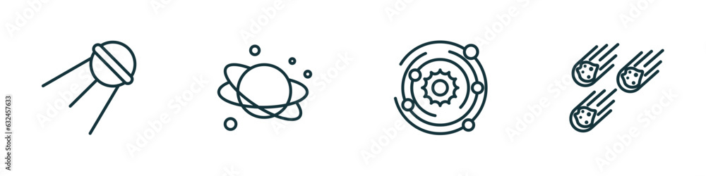 Poster set of 4 linear icons from astronomy concept. outline icons included sputnik, planet, galaxy, meteor