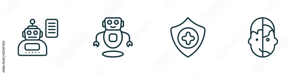 Poster set of 4 linear icons from artificial intellegence concept. outline icons included laws of robotics,
