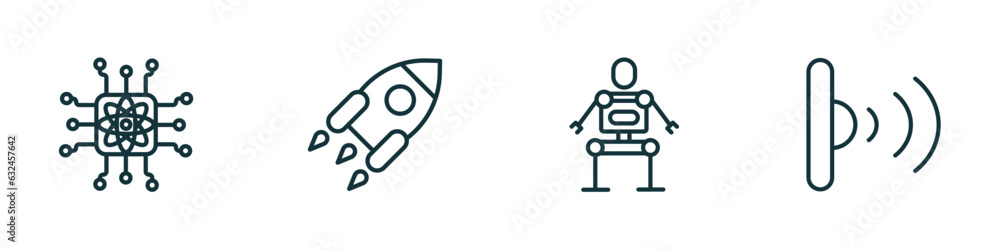 Poster set of 4 linear icons from artificial intellegence concept. outline icons included quantum computing