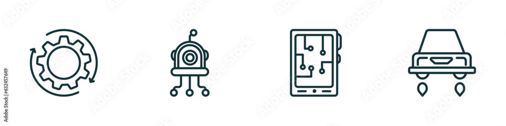 Poster set of 4 linear icons from artificial intellegence concept. outline icons included processing, micro