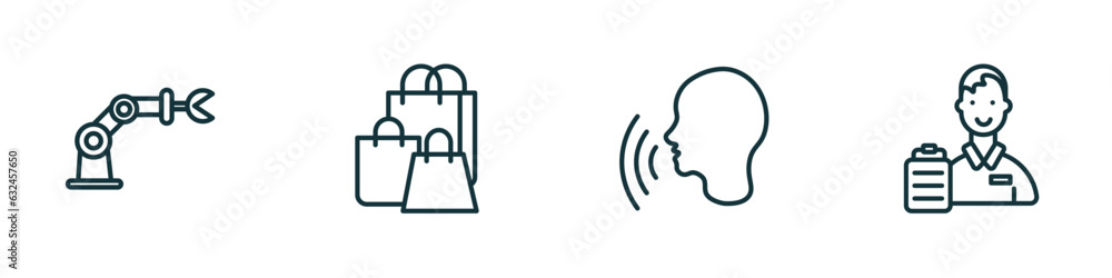 Poster set of 4 linear icons from artificial intellegence concept. outline icons included mechanical arm, s