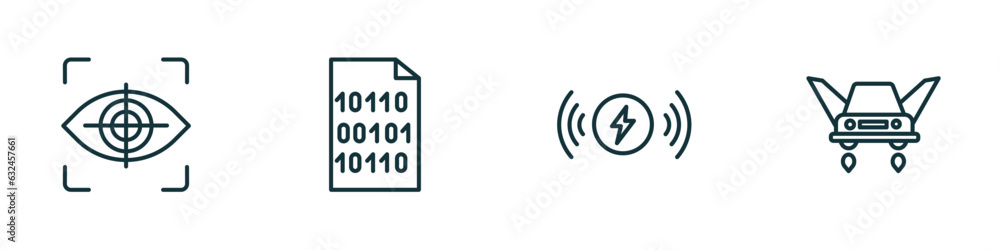 Poster set of 4 linear icons from artificial intellegence concept. outline icons included eye tracking, bin