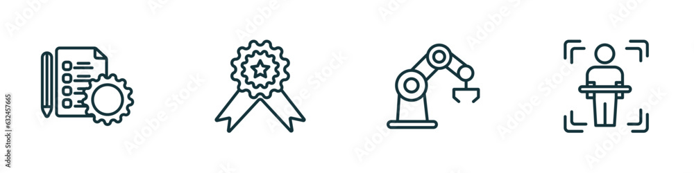 Poster set of 4 linear icons from artificial intellegence concept. outline icons included evaluation, recog