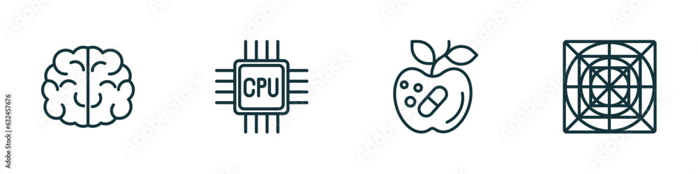 Poster set of 4 linear icons from artificial intellegence concept. outline icons included brain, cpu, synth