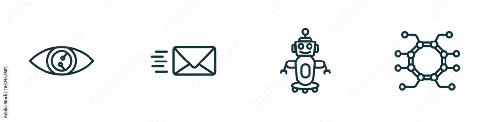 Poster set of 4 linear icons from artificial intellegence concept. outline icons included smart lens, mail,