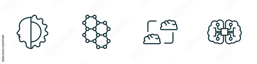 Poster set of 4 linear icons from artificial intellegence concept. outline icons included cyborg, graphene,