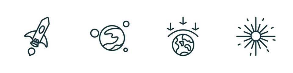 set of 4 linear icons from astronomy concept. outline icons included space ship, mars with satellite, aerosphere, big bang vector