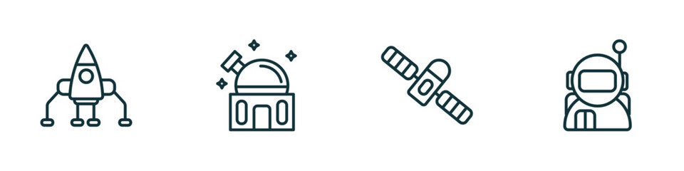 set of 4 linear icons from astronomy concept. outline icons included space lander, planetarium, space module, astronaut user vector © Farahim