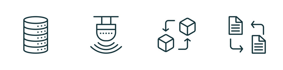 set of 4 linear icons from artificial intellegence concept. outline icons included database, motion sensor, replacement, file transfer vector
