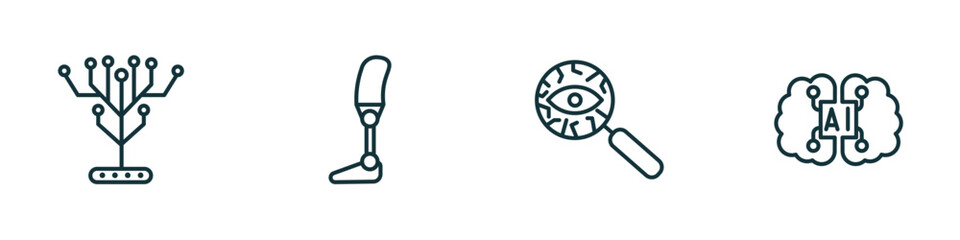 set of 4 linear icons from artificial intellegence concept. outline icons included technology tree, prosthesis, detection, artificial intelligence vector