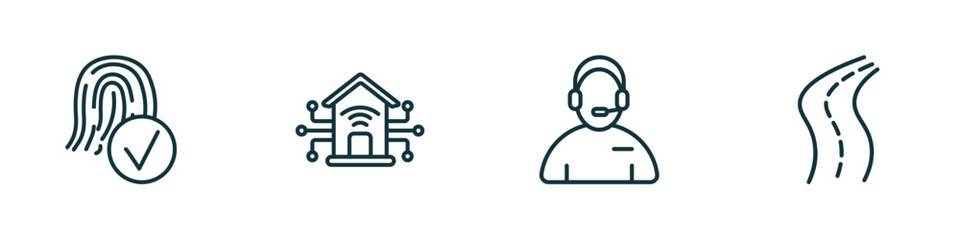 set of 4 linear icons from artificial intellegence concept. outline icons included biometrics, smart home, assistant, road vector