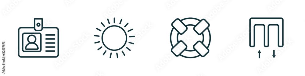 Poster set of 4 linear icons from airport terminal concept. outline icons included identification badge, su