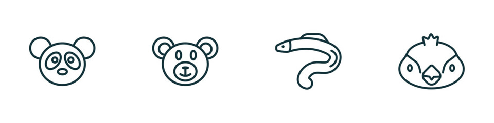 set of 4 linear icons from animals concept. outline icons included panda, bear, moray, sparrow vector