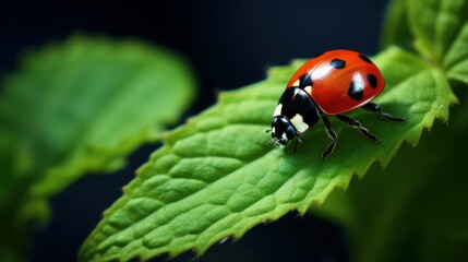 Fototapeta premium Macro Photo of Ladybug on Green Leaf Background. Generative Ai