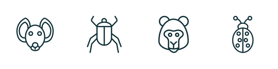 set of 4 linear icons from animals concept. outline icons included hyena, beetle, baboon, ladybug vector