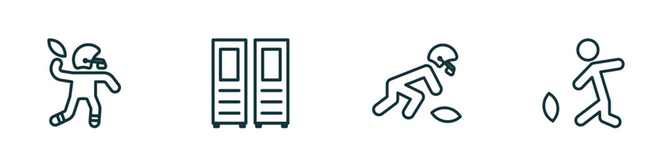 set of 4 linear icons from american football concept. outline icons included football player, sportive lockers, picking the ball, kicking the ball vector