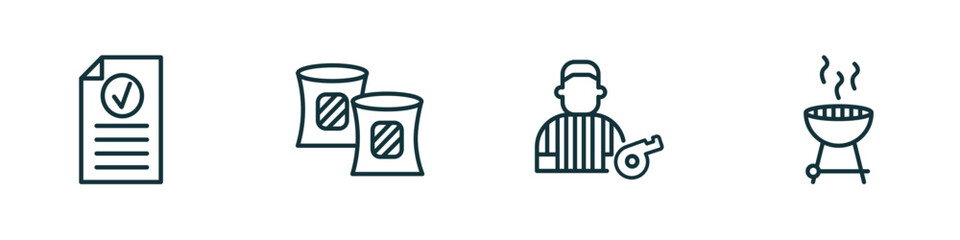 set of 4 linear icons from american football concept. outline icons included results, gaiters, referee, with wheels vector