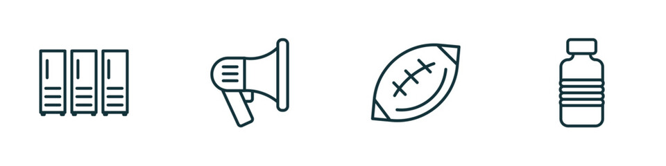 set of 4 linear icons from american football concept. outline icons included lockers, megaphone, fast football ball, bottle of water vector