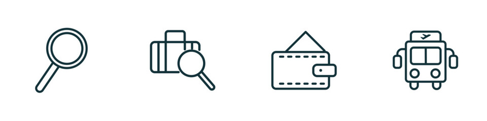 set of 4 linear icons from airport terminal concept. outline icons included airport searchor, luggage inspection, purse with bill, airport bus vector