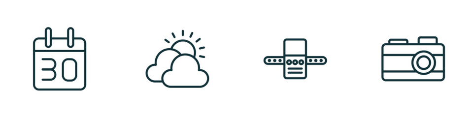 set of 4 linear icons from airport terminal concept. outline icons included calendar day thirty, cloudy day, airport x ray hine, vintage camera vector