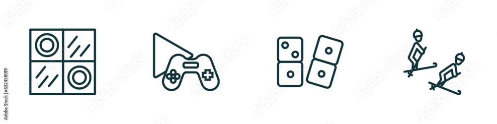 Poster set of 4 linear icons from activity and hobbies concept. outline icons included checkers, game playi