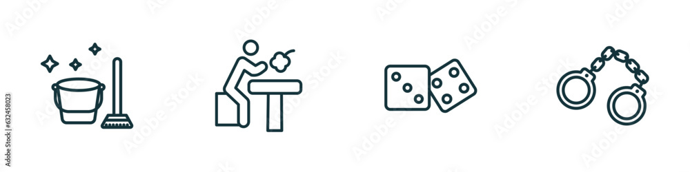Poster set of 4 linear icons from activity and hobbies concept. outline icons included cleaning, lace makin