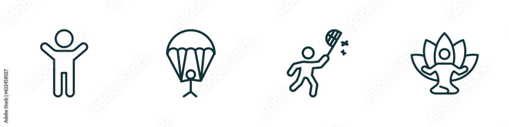 Poster set of 4 linear icons from activity and hobbies concept. outline icons included warming up, gliding 