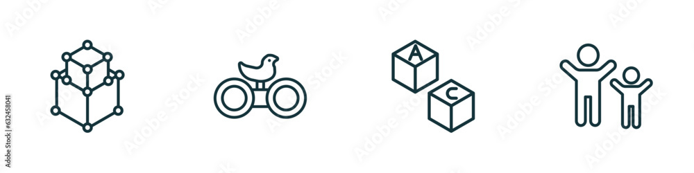 Poster set of 4 linear icons from activity and hobbies concept. outline icons included modeling, bird watch